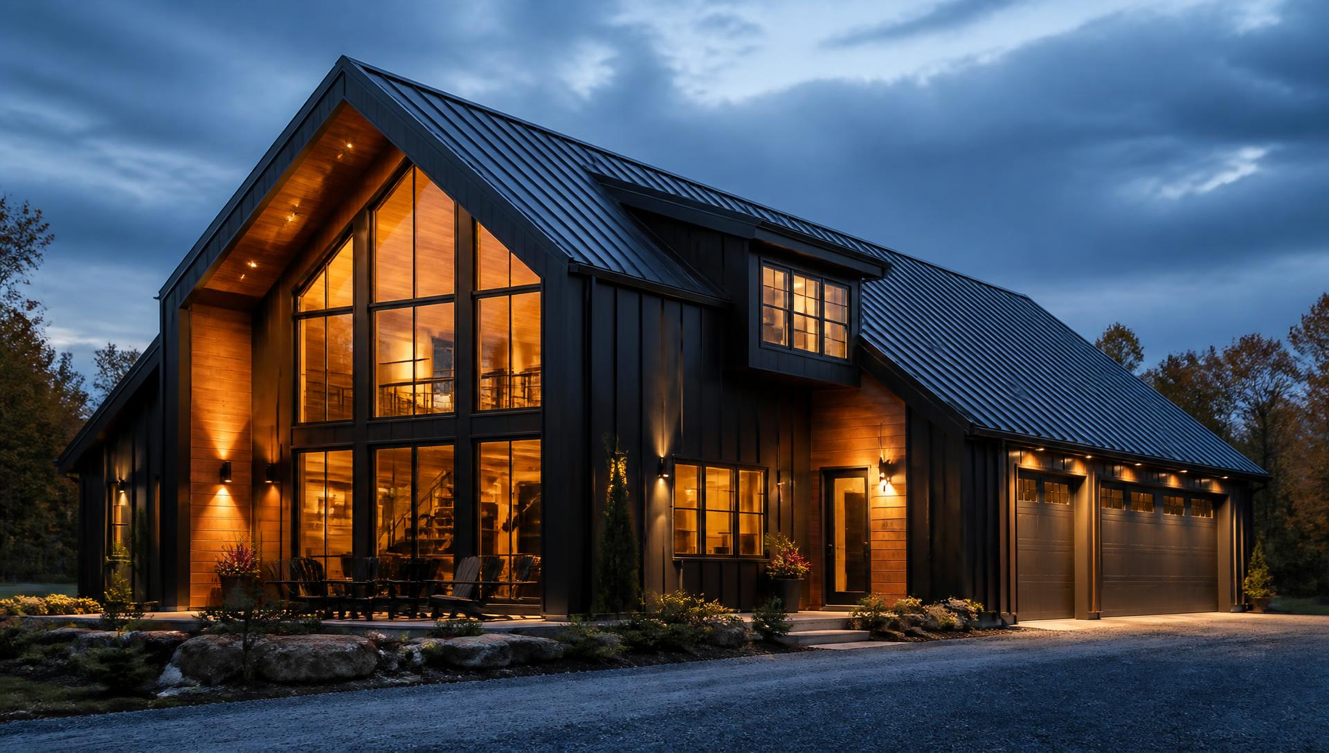 Modern black metal and cedar barndominium glowing at dusk